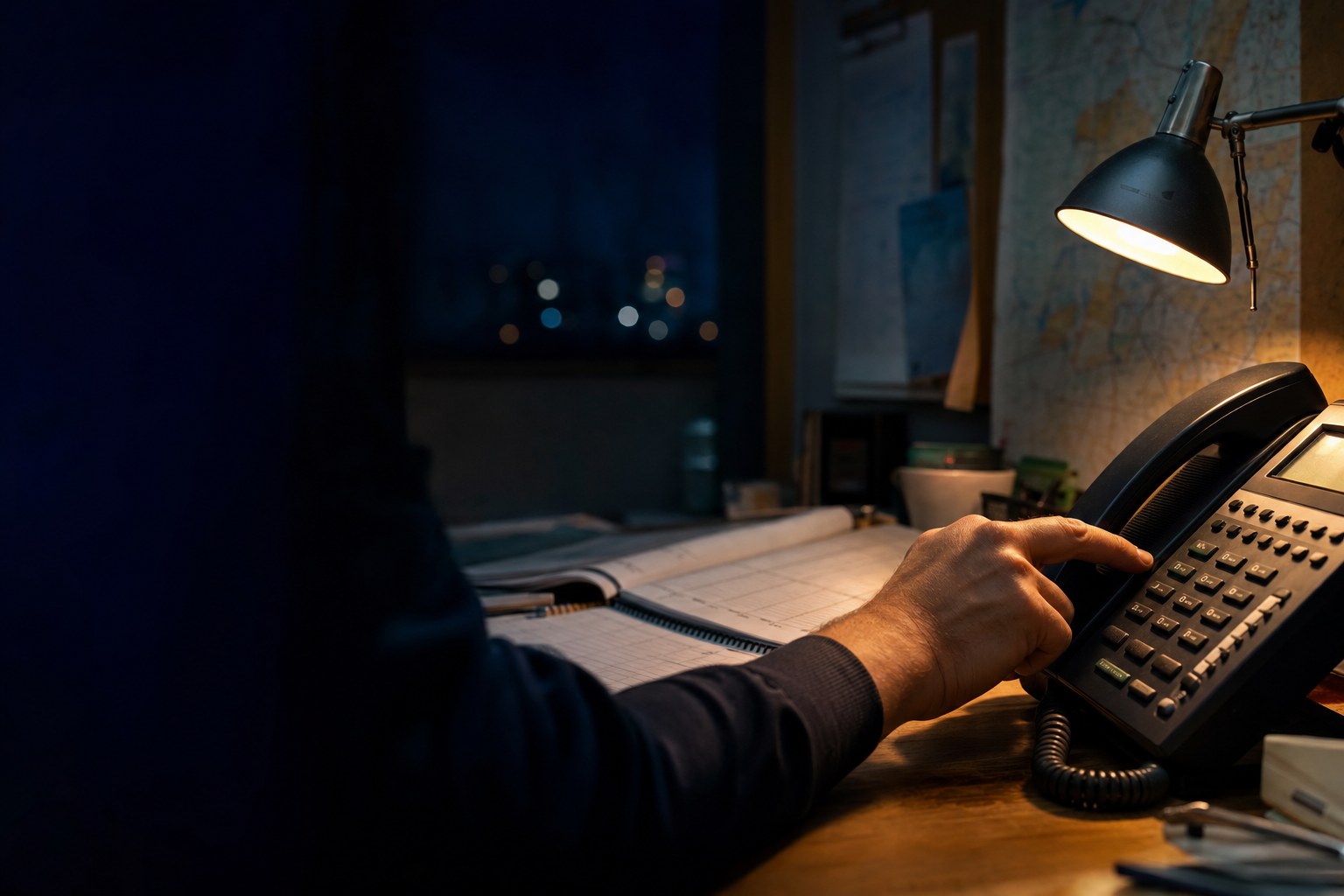 A dispatcher placing an emergency plumbing call at night