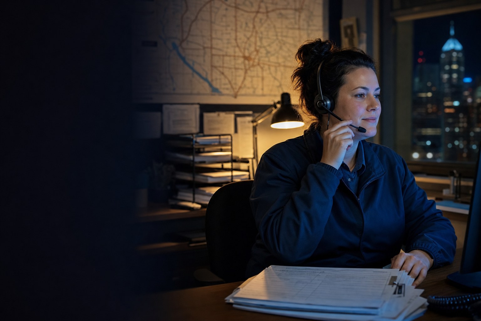 Night dispatcher answering an emergency plumbing call