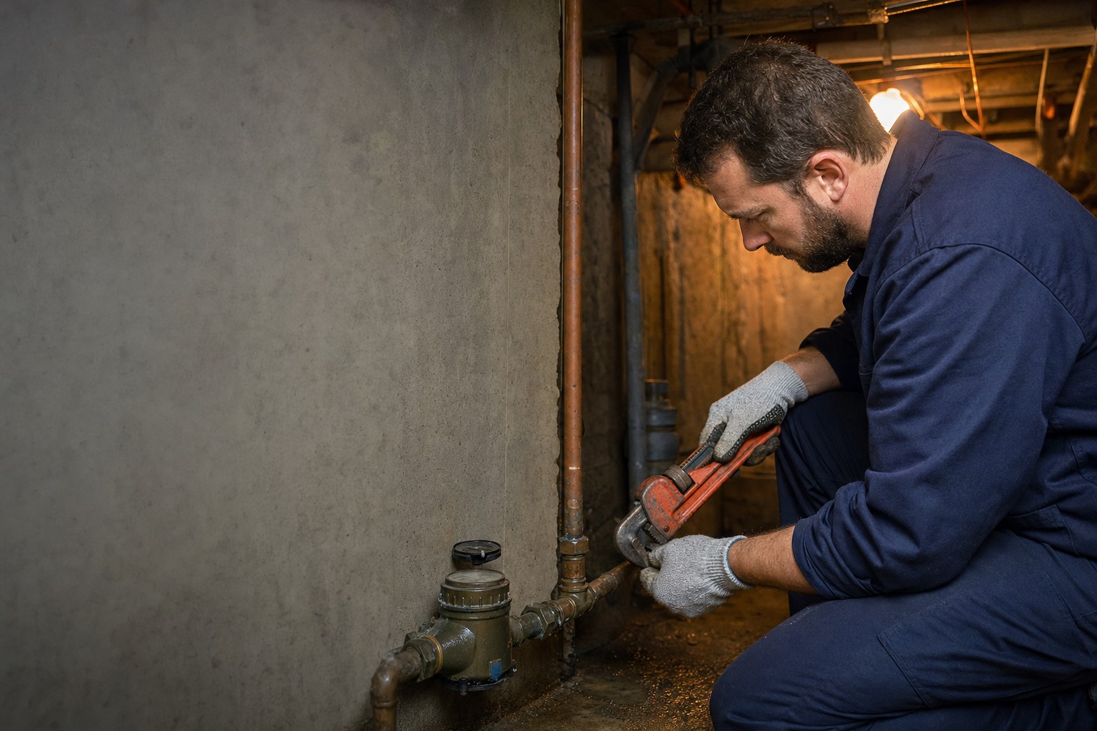 Plumber repairing pipework in a basement
